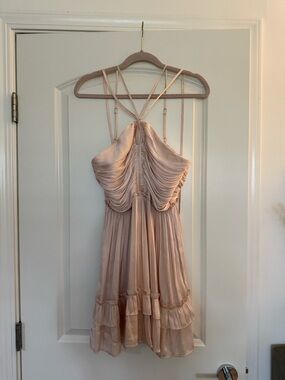 Aqua Strappy Ruched Chiffon Cocktail Dress - Beige